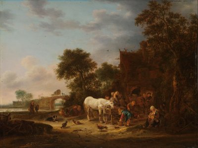 Landekro med hest ved truget af Isaac van Ostade