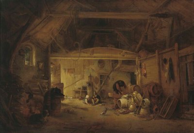 Tysk: Scheuneninterieur Et staldinteriør med to børn, der spiser, og en mand, der arbejder af Isaac van Ostade