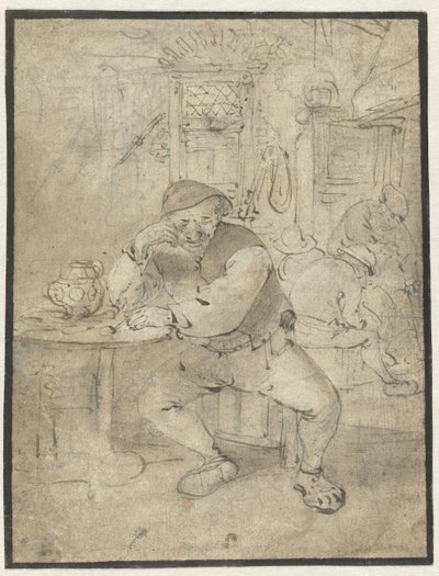 Siddende landmand, lænet på et bord af Isaac van Ostade
