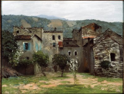 Nær Bordighera, i det nordlige Italien. (Nær Bordighera. I Norditalien). Beskrivelse af en gruppe bygninger i Ligurien. Værk af Isaak (Isaac) Ilyich Levitan (1860-1900), pastel på papir af Isaak Ilyich Levitan