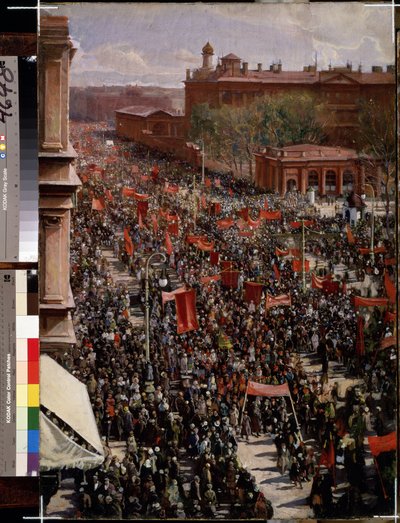 ""Parade på Nevskij-prospektet i Leningrad (Sankt Petersborg)"" Maleri af Isaak Izrailevich Brodsky (Brodsky) (1884-1939) (socialistisk realisme) 1930 Statens russiske museum Sankt Petersborg af Isaak Israilevich Brodsky