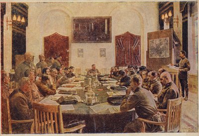 Møde i det revolutionære militærråd, Sovjetrusland. c1925-1934 af Isaak Israilevich Brodsky