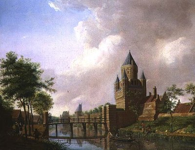 Udsigt over Kleine Houtpoort, Haarlem af Isaac Ouwater