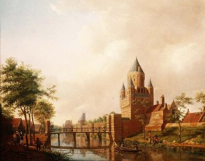 En udsigt over Kleine Houtpoort (Small Gateway) i Haarlem med Grote Houtpoort (Great Gateway) i baggrunden af Isaac Ouwater