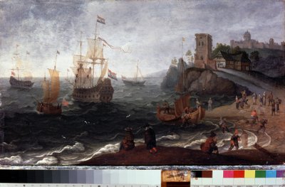 Fiskemarked på stranden (fiskemarked ved kysten). Maleri af Isaac Willaerts (1620-1693). Olie på træ, 35,5 x 67 cm, omkring 1640. Hollandsk kunst fra 1600-tallet. Statens Museum for Historie og Kunst, Serpukhov (Rusland). af Isaak Willaerts