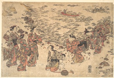 Kvinder og en lille dreng, der samler muslingeskaller på en strand ved havet af Ishikawa Toyonobu