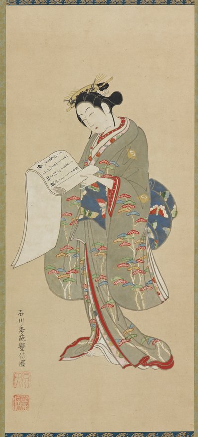 Ung kvinde læser et brev, Edo-perioden, 1711-1785. af Ishikawa Toyonobu