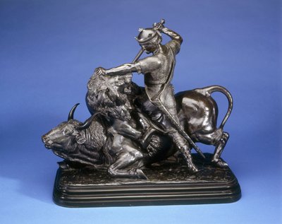 En konge, der dræber en løve og angriber en tyr, ca. 1874 (sort patina-bronze) af Isidore Jules Bonheur