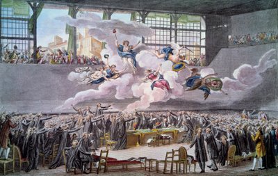 Fransk revolution: "" Le oath du jeu de Paume le 20 juin 1789"" Deputerede sværger ikke at skille sig ad, før en forfatning er rettet. Stik af Isidore Helman (1743-1809) 1789 Paris, B.N. af Isidore Stanislas Helman