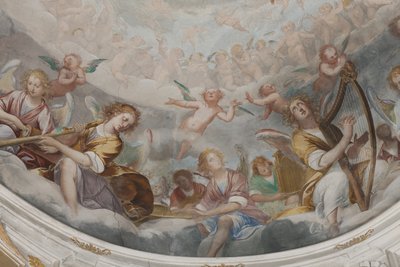 Engle, musiker-engle og puttos, detalje af Paradiset med den evige Fader, ca. 1623-34 (detalje af 3496185) af Isidoro Bianchi