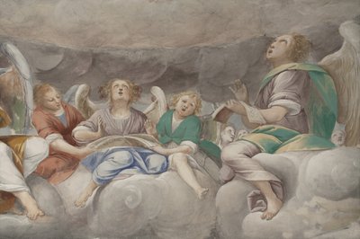 Engle, musiker-engle og puttos, detalje af Paradiset med den evige Fader, ca. 1623-34 (detalje af 3496185) af Isidoro Bianchi