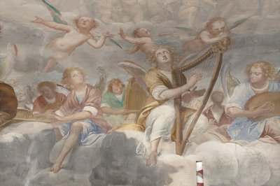 Engle, musiker-engle og puttos, detalje af Paradiset med den evige Fader, ca. 1623-34 (detalje af 3496185) af Isidoro Bianchi