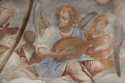 Engle, musiker-engle og puttos, detalje af Paradiset med den evige Fader, ca. 1623-34 (detalje af 3496185) af Isidoro Bianchi