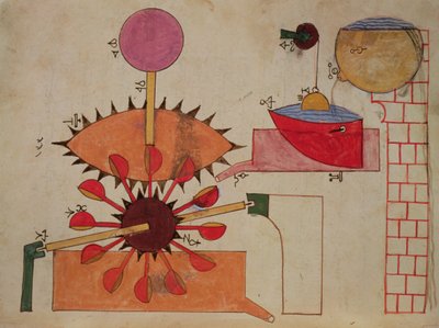 Diagram over et system til at pumpe vand ind i et bassin, fra Book of Knowledge of Genious Mechanical Devices af Al-Jazari, 1206 af Islamic School
