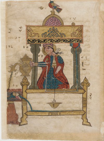 Håndvaskeautomat med skyllemekanisme, folio fra The Book of Genious Mechanical Devices; af Al-Djazari, 1315 (ugennemsigtigt wc, blæk og guld på papir) af Islamic School