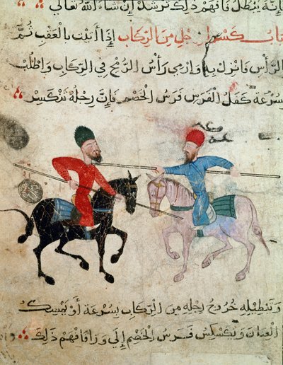 Islamisk kunst: Tegning på pergament fra Fatimid-perioden (10-11. århundrede) - Scene med duel mellem to ryttere - Maleri på papyrus - Cairo, Museum for Islamisk Kunst af Islamic School