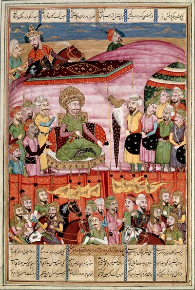 Islamisk kunst: "" Sohrab (Saharab) står ved teltet Roustam""" Persisk miniature fra et manuskript af det episke digt "" Shahnameh"" (Shah Nama, Shahnama) (Kongernes Bog) af Ferdowsi (Firdawsi eller Ferdawsi) , eller Firdousi, ca. 940-omkring 1020) (ms. 60 af Islamic School