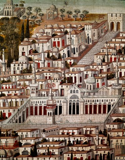 Islamisk kunst: Udsigt over Damaskus med Umayyadernes store moske i Damaskus (705-715). Anonymt syrisk maleri fra det 17. århundrede. Syrien, Damaskus, Azem Palace eller Azm. af Islamic School