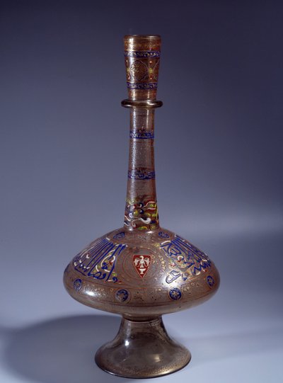 Islamisk kunst: flasken har længe enamed glashals af Vice King Tuquztemur. 1345 ca.. fra Egypten eller Syrien. Svag. 50 cm. Paris, Louvre-museet af Islamic School