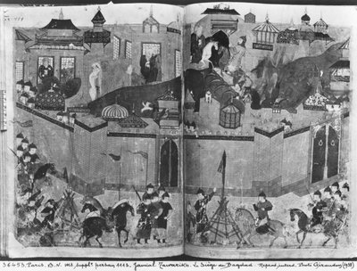 Ms Suppl Persan 1113 f.180-181 Mongoler under ledelse af Hulagu Khan stormede og erobrede Bagdad i 1258, fra 