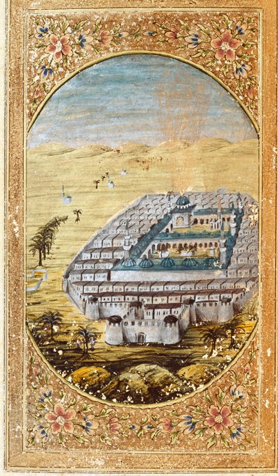 Udsigt over Mekka (La Mekke), muslimsk pilgrimsrejsested og sletterne ved Arafat-bjerget (Arafah), Saudi-Arabien. Side taget fra en udgave af Koranen af Islamic School