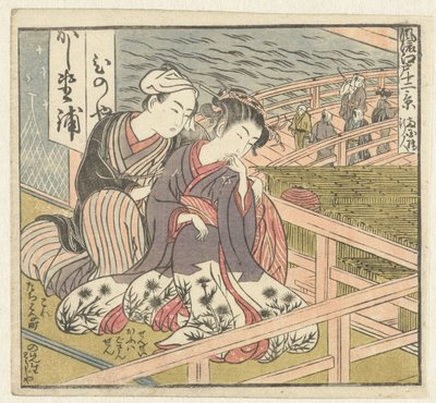 Kærlighedspar på verandaen Twelve Views of Sophisticated Edo (serietitel) Furyu Edo junikei (serietitel på objekt) af Isoda Koryusai