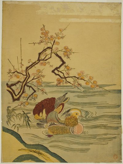 Mandarinænder svømmer under blommegren af Isoda Koryusai