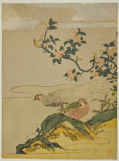 Fasaner under gren af ferskenblomster af Isoda Koryusai