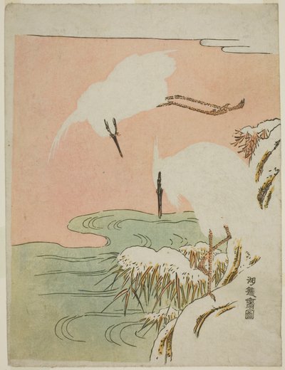To egrets i sneen af Isoda Koryusai
