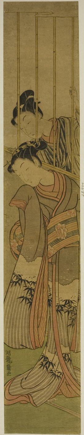 Ung mand beundrer en pige gennem et sprosset vindue af Isoda Koryusai