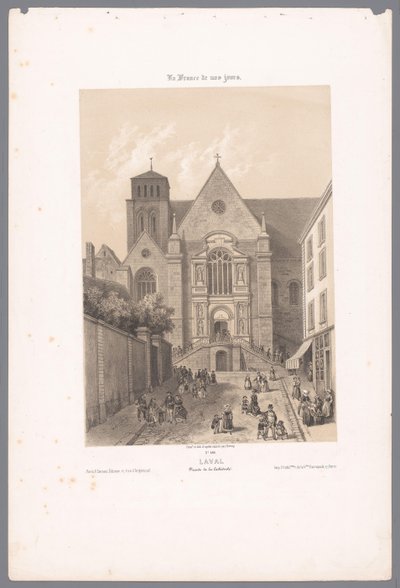 Udsigt over Sainte-Trinité-katedralen i Laval lava. Facade de la Cathédrale (titel på objekt) Contemporary France (serietitel) La France de nos jours (serietitel på objekt) af Isodore Laurent Deroy