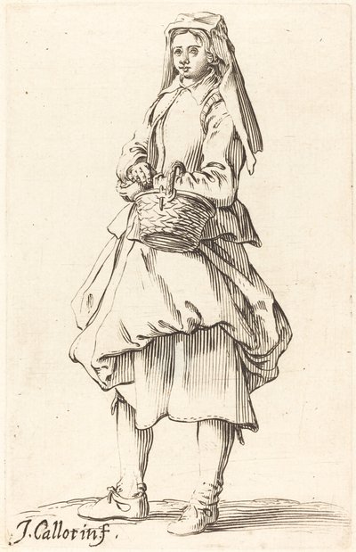 Bondekone med kurv, vendt mod venstre af Israel Henriet after Jacques Callot