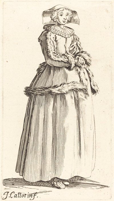 Ung kvinde med foldede hænder, mod højre af Israel Henriet after Jacques Callot