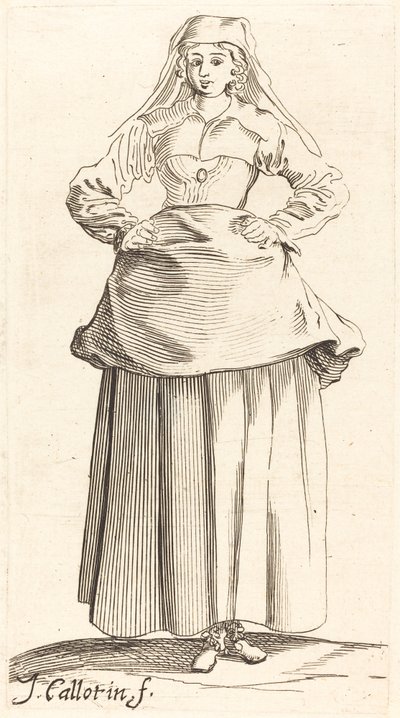 Ung kvinde med hænder på hofterne, set forfra af Israel Henriet after Jacques Callot