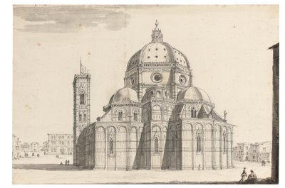 Duomo og Campanile, Firenze (sort kridt, pen og gråt blæk, brun og grå vask på papir med vandmærkeenhed) af Israel the Younger Silvestre