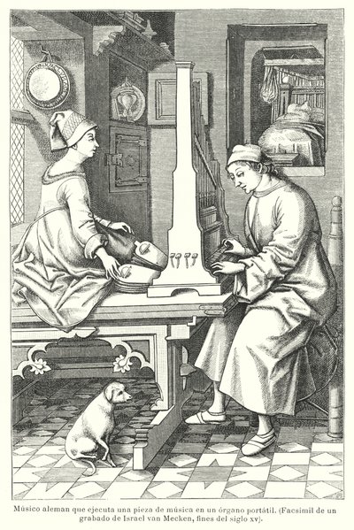 Tysk musiker spiller et bærbart orgel, slutningen af det 15. århundrede (litho) af Israel van (after) Mecken