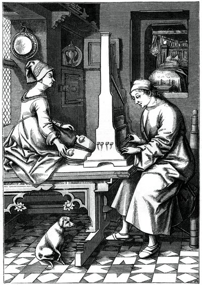 Tysk musiker, der udfører et stykke musik på et bærbart orgel, 1400-tallet, 1870. af Israel van Mecken