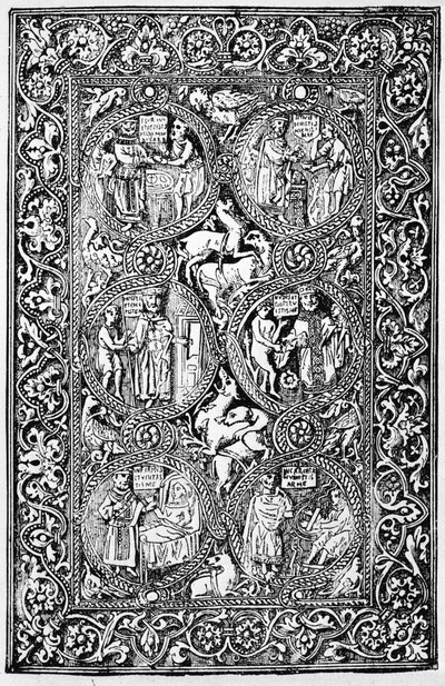 En kopi af den elfenbensfarvede bagside af Queen Melisende Psalter, gengivet i The Crusades: the story of the Latin Kingdom of Jerusalem af T.A. Archer, 1894 af Israeli School