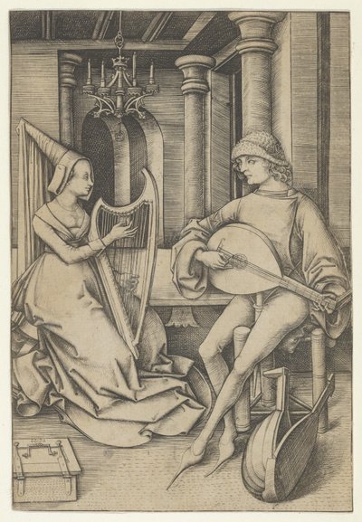 Lutespiller og harpespiller, fra Scenes of Daily Life,.n.d. af Israhel van Meckenem