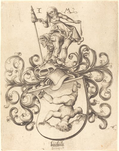 Våbenskjold med Tumbling Boy af Israhel van Meckenem after Master of the Housebook