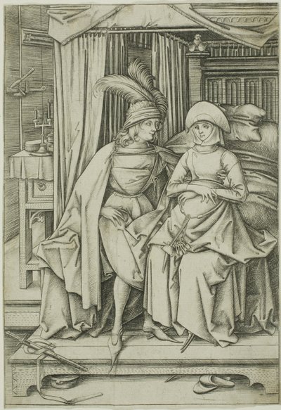 En mand og en kvinde sidder på en seng af Israhel van Meckenem the younger