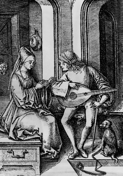 En kvinde synger, mens en mand spiller en lut (gravering) af Israhel van the younger Meckenem