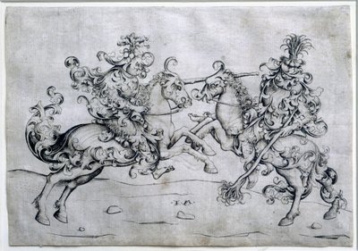 To ryttere spiller. Spil med to mænd til hest. Tegning af Israel Van Meckenem (ca. 1440-1503). Louvre-museet af Israhel van the younger Meckenem
