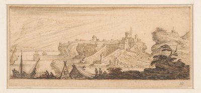 Kystudsigt med åbent telt og fiskere Design til en printserie med kystlandskaber (serietitel) af Israël Silvestre