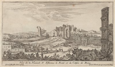 Udsigt over Navicule St. Estienne le Rond og Colosseum i Rom af Israël Silvestre