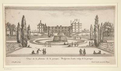 Udsigt over Chateau Liencourt: En gårdhave med et springvand af Israël Silvestre