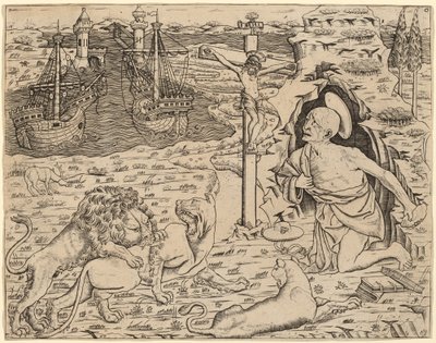 Sankt Hieronymus i anger, med to skibe i en havn af Italian 15th Century