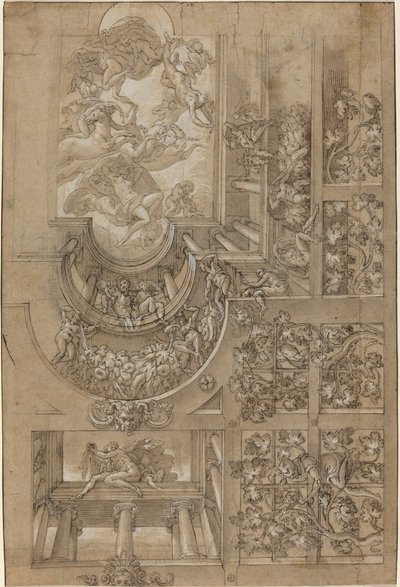 Illusionistisk loft med en druehal, figurer på gallerier og en central scene af olympiske guder af Italian 16th Century