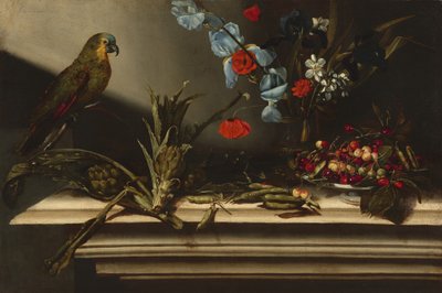 Stilleben med artiskokker og en papegøje af Italian 17th Century