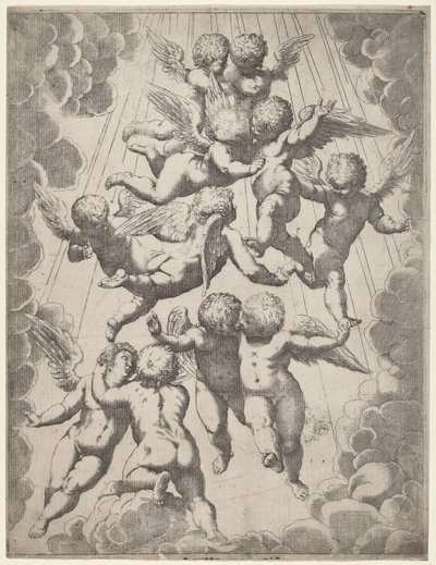 En gruppe engle i herlighed af Italian 17th Century, after Guido Reni, after Luca Cambiaso